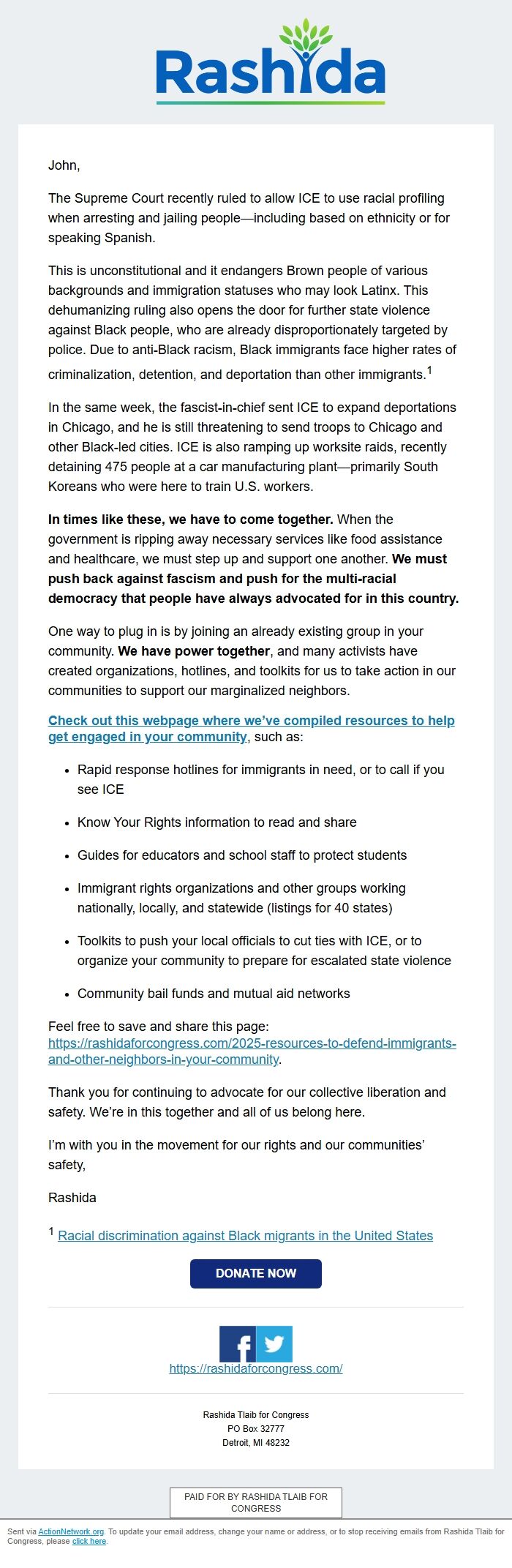 Screenshot of the email generated on import