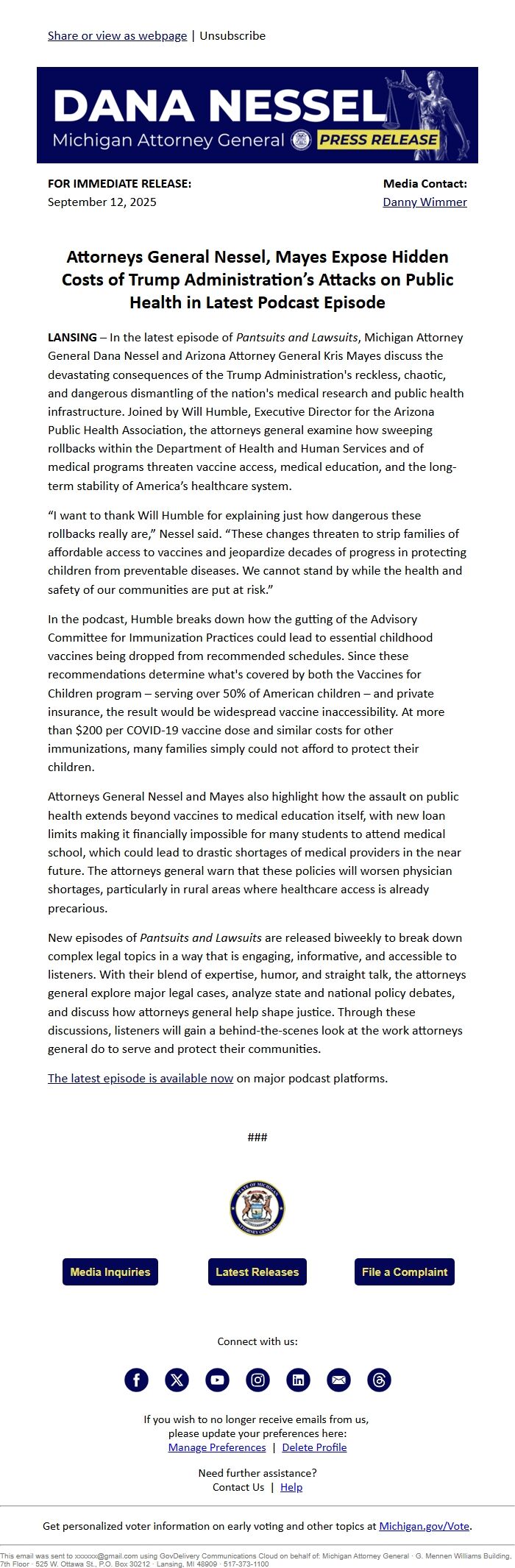 Screenshot of the email generated on import
