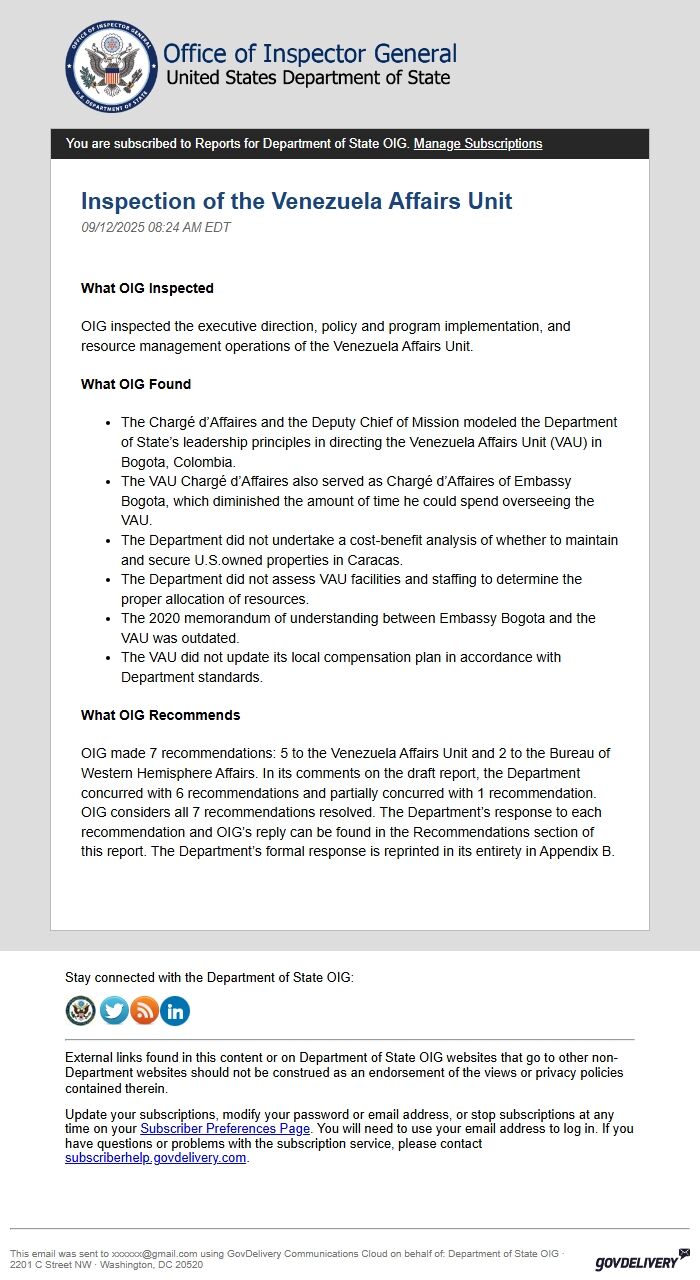 Screenshot of the email generated on import