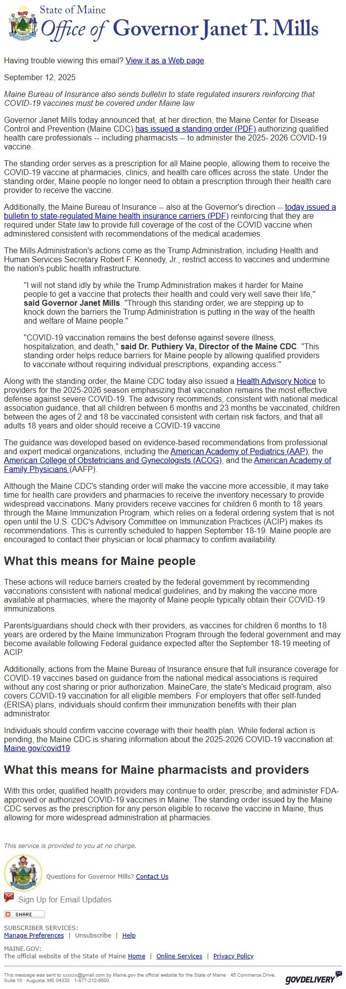 Screenshot of the email generated on import