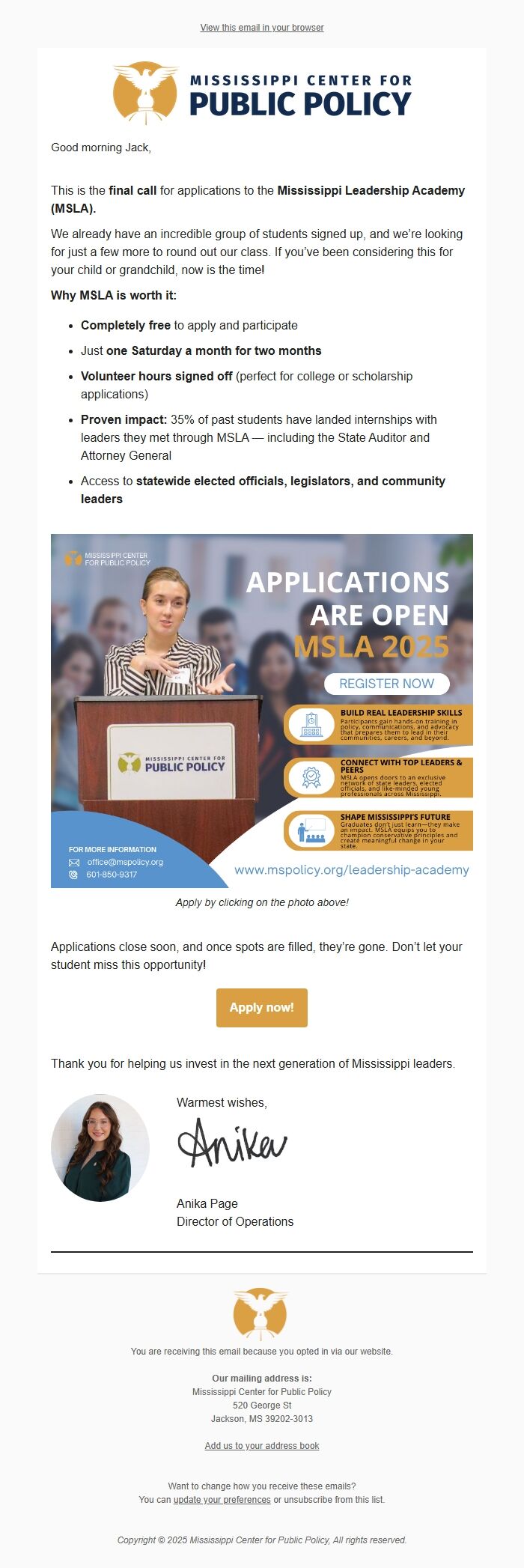 Screenshot of the email generated on import