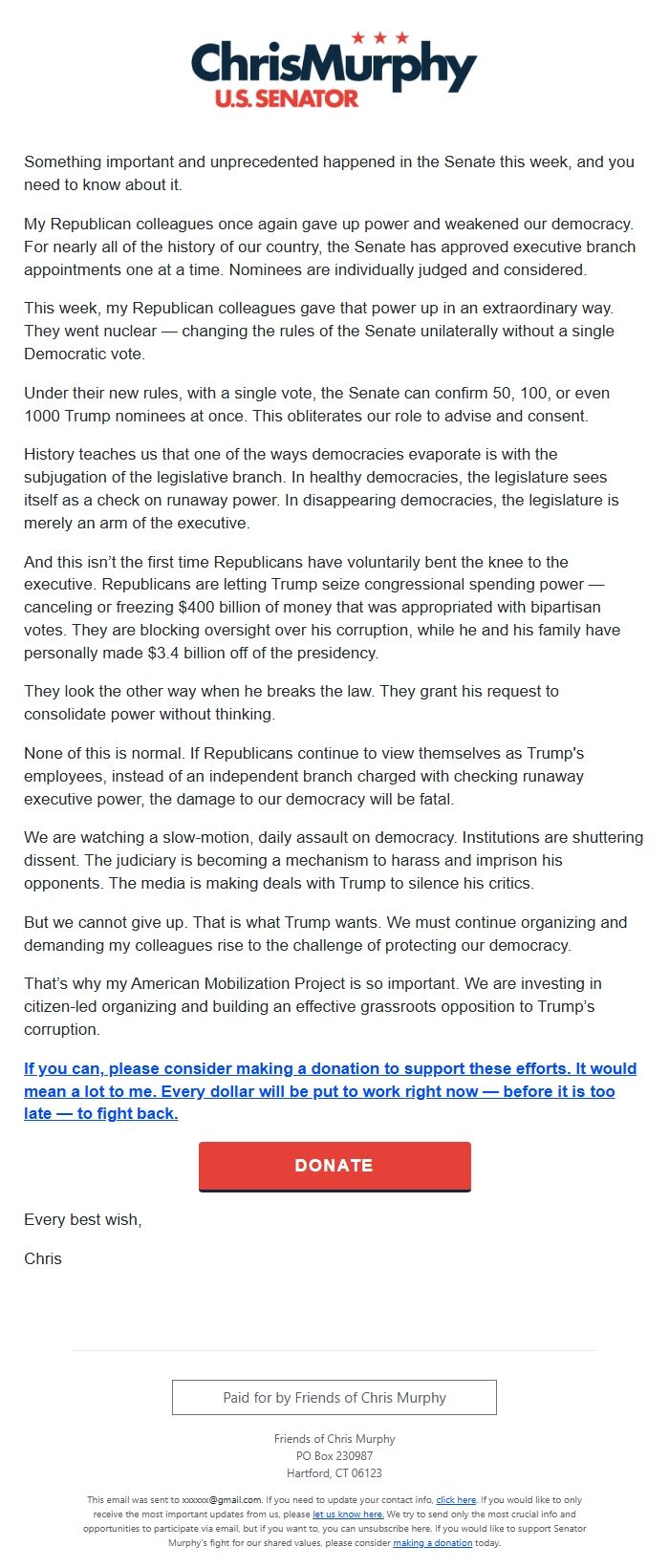 Screenshot of the email generated on import