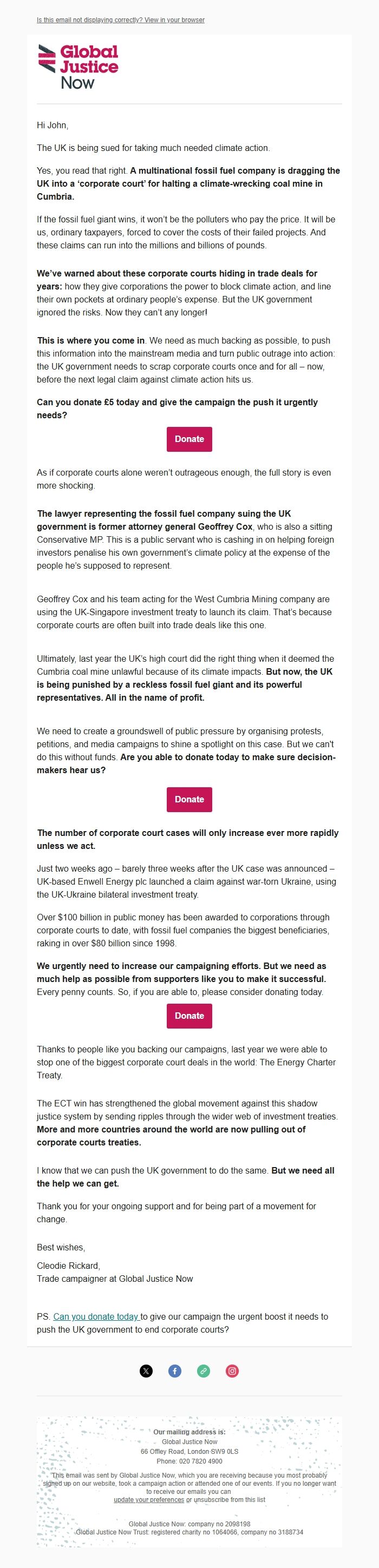 Screenshot of the email generated on import