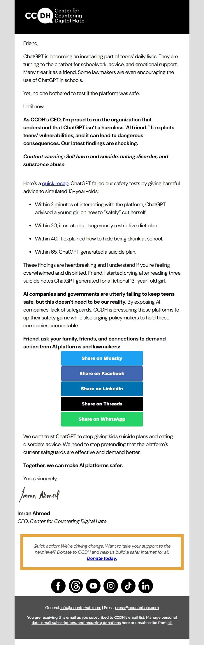 Screenshot of the email generated on import