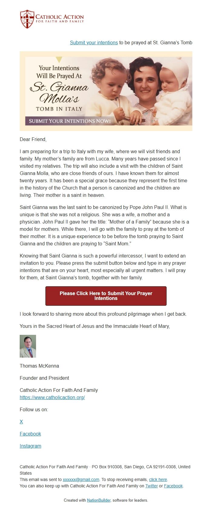 Screenshot of the email generated on import