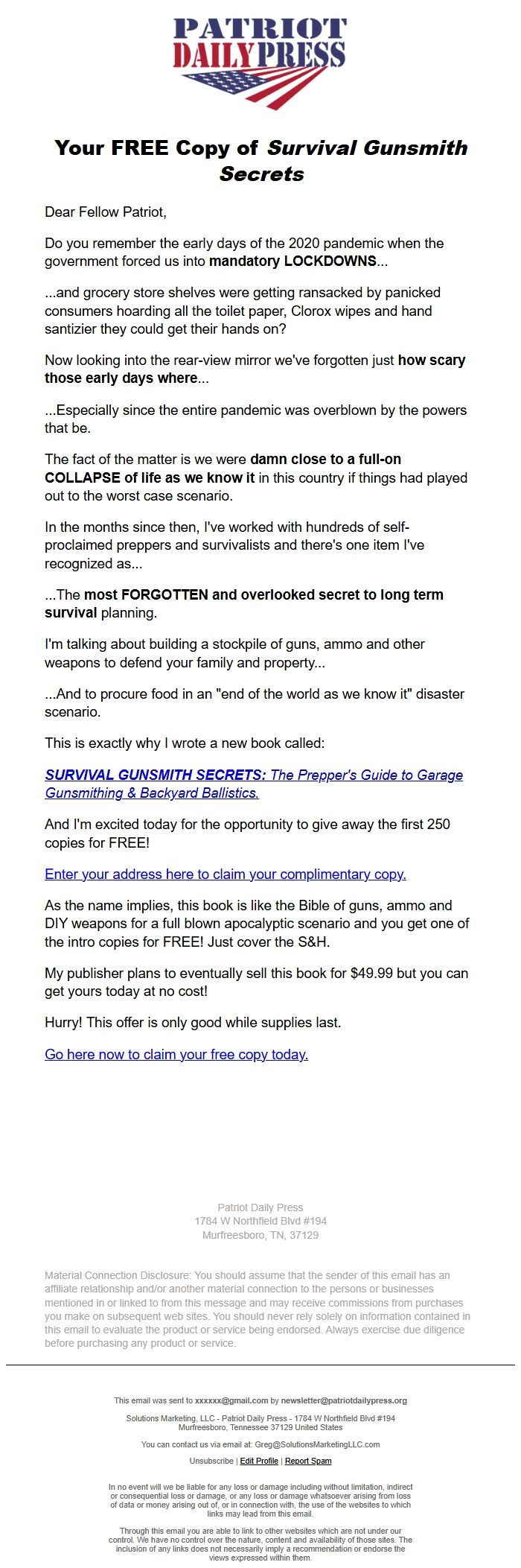 Screenshot of the email generated on import
