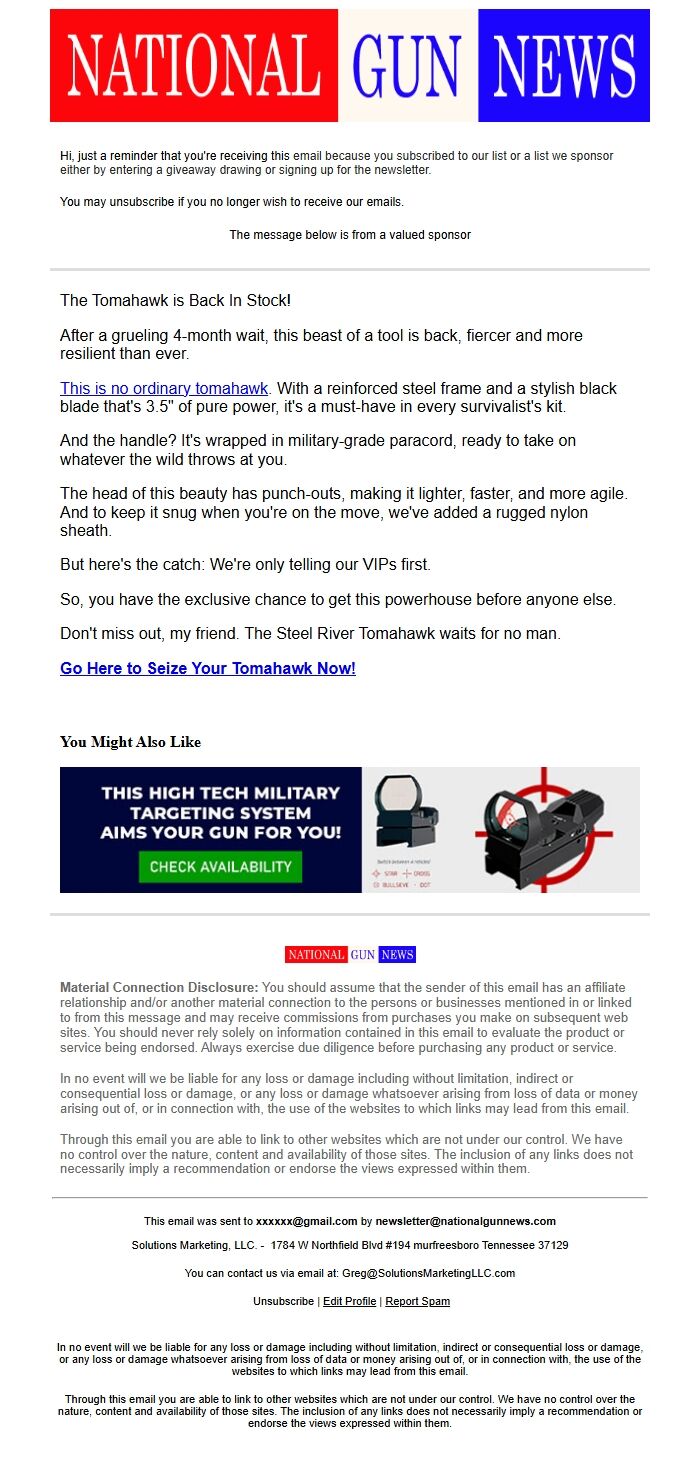 Screenshot of the email generated on import