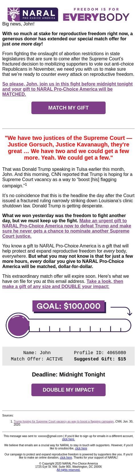 Screenshot of the email generated on import