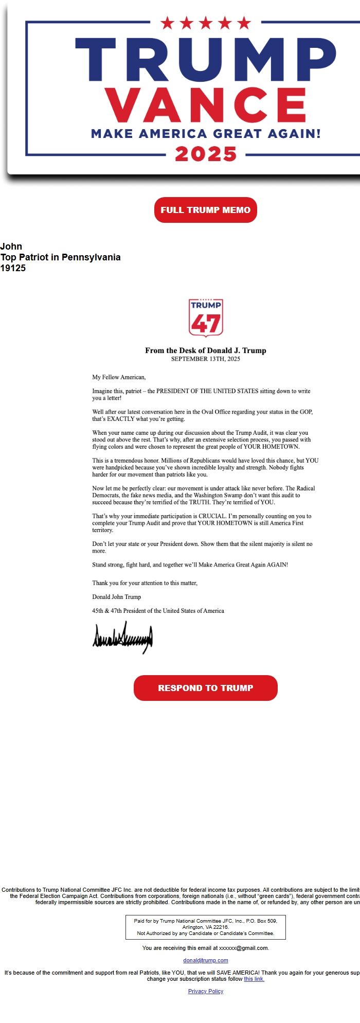 Screenshot of the email generated on import