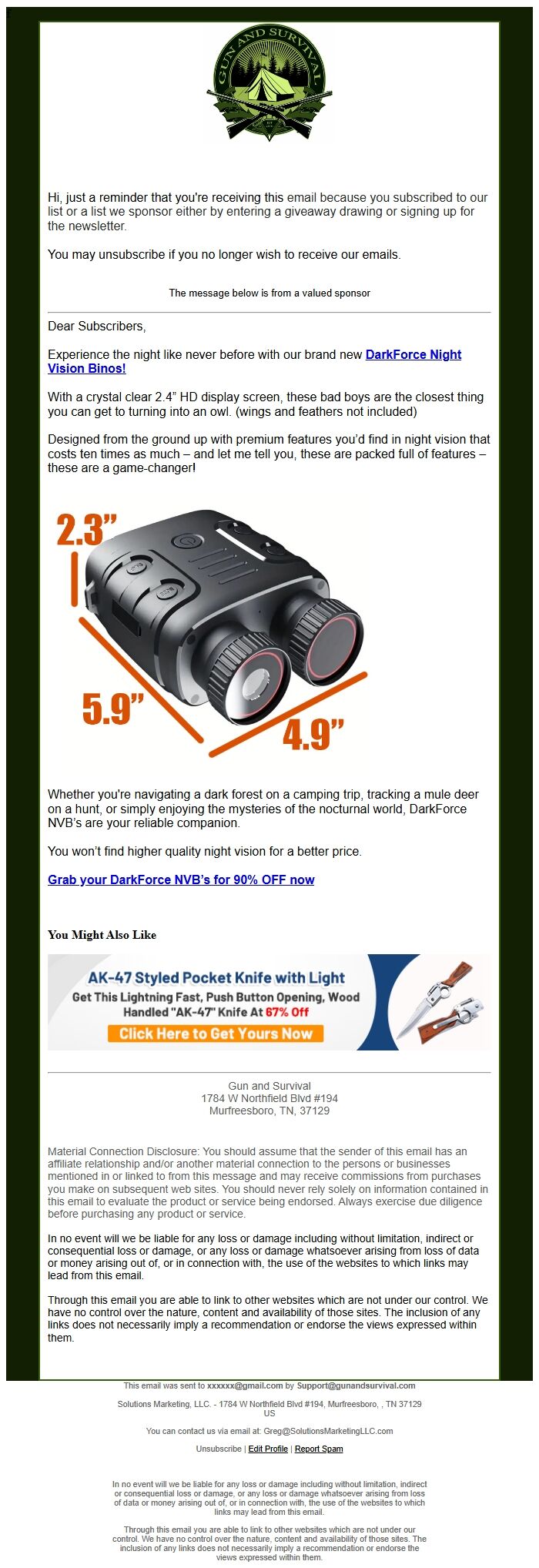 Screenshot of the email generated on import