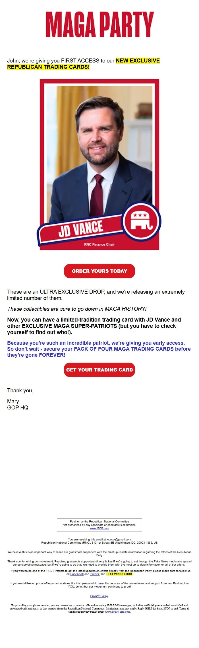 Screenshot of the email generated on import