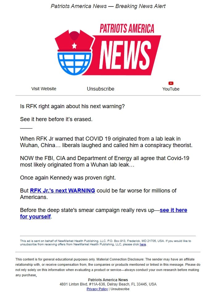 Screenshot of the email generated on import