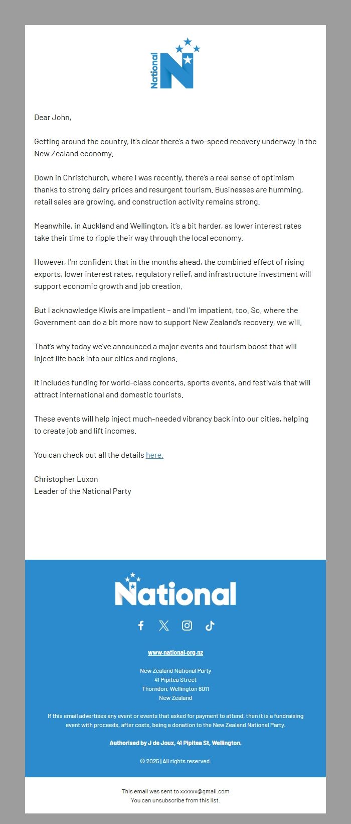 Screenshot of the email generated on import