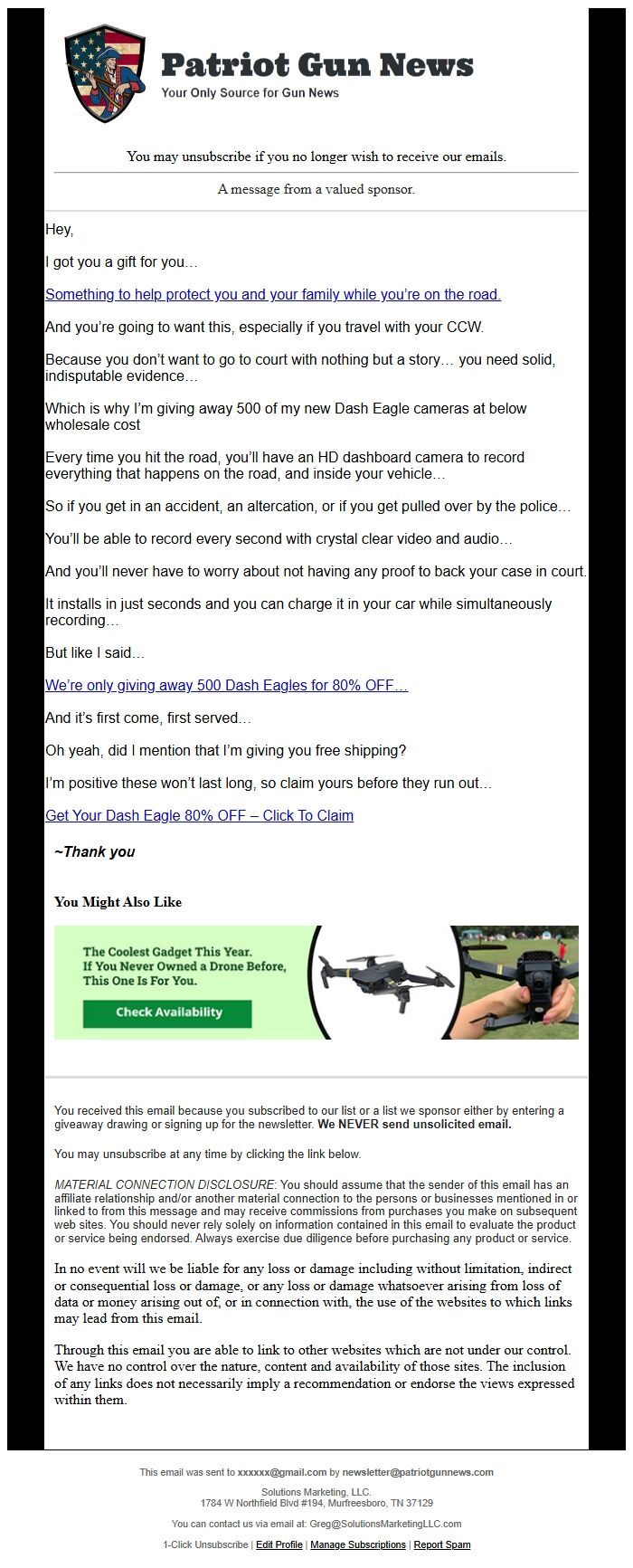 Screenshot of the email generated on import
