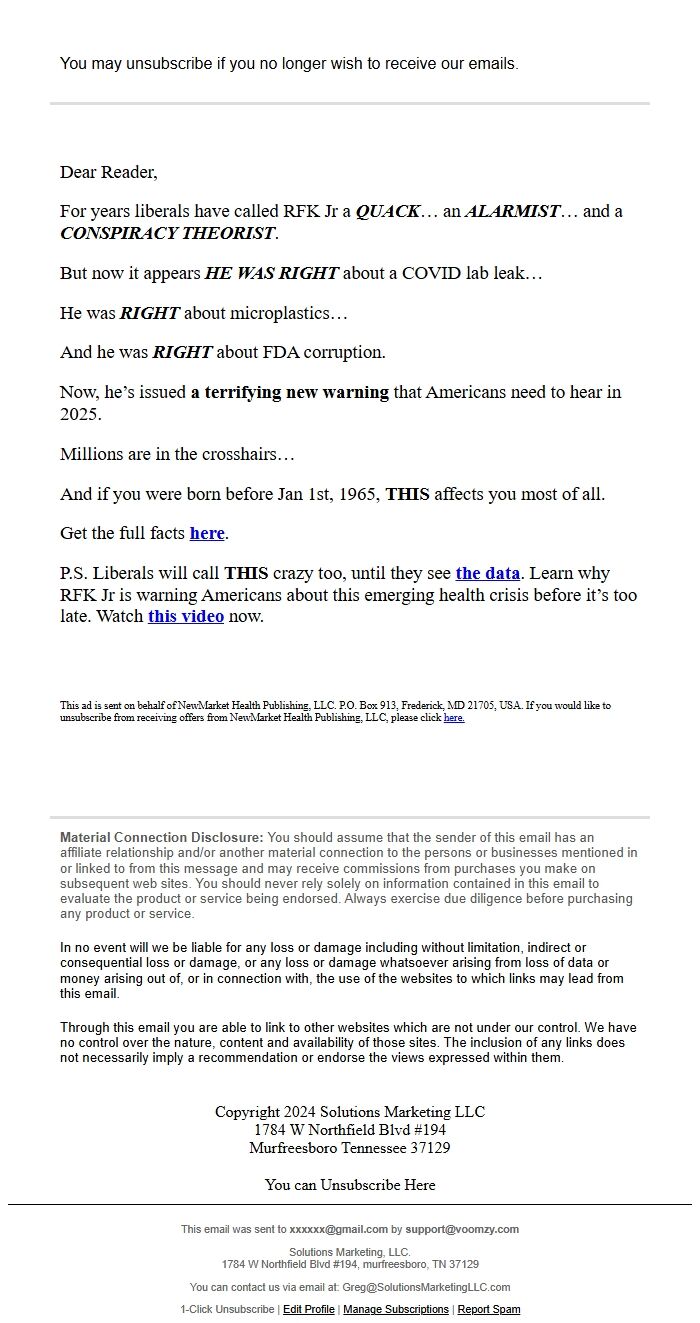 Screenshot of the email generated on import