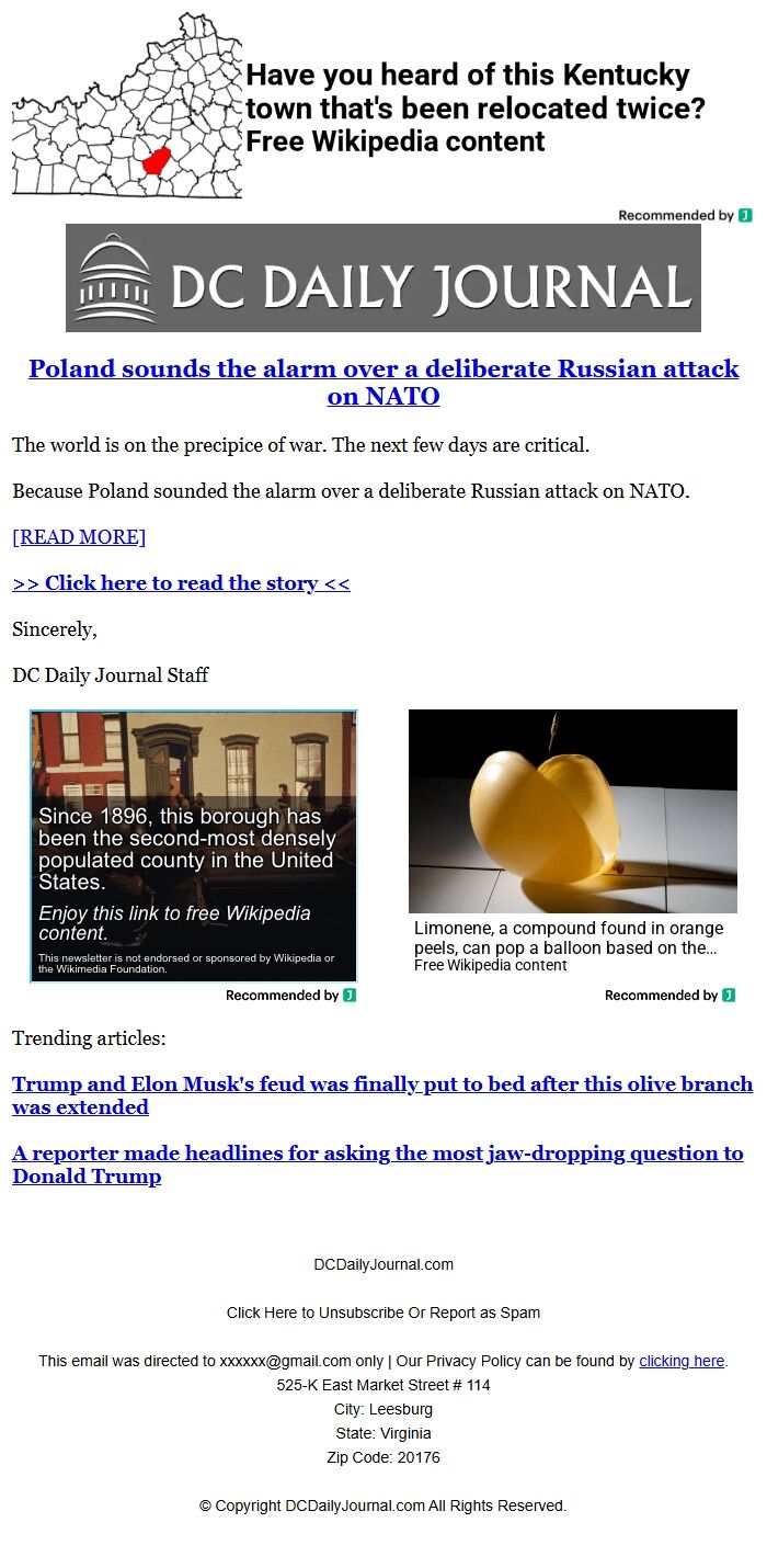 Screenshot of the email generated on import