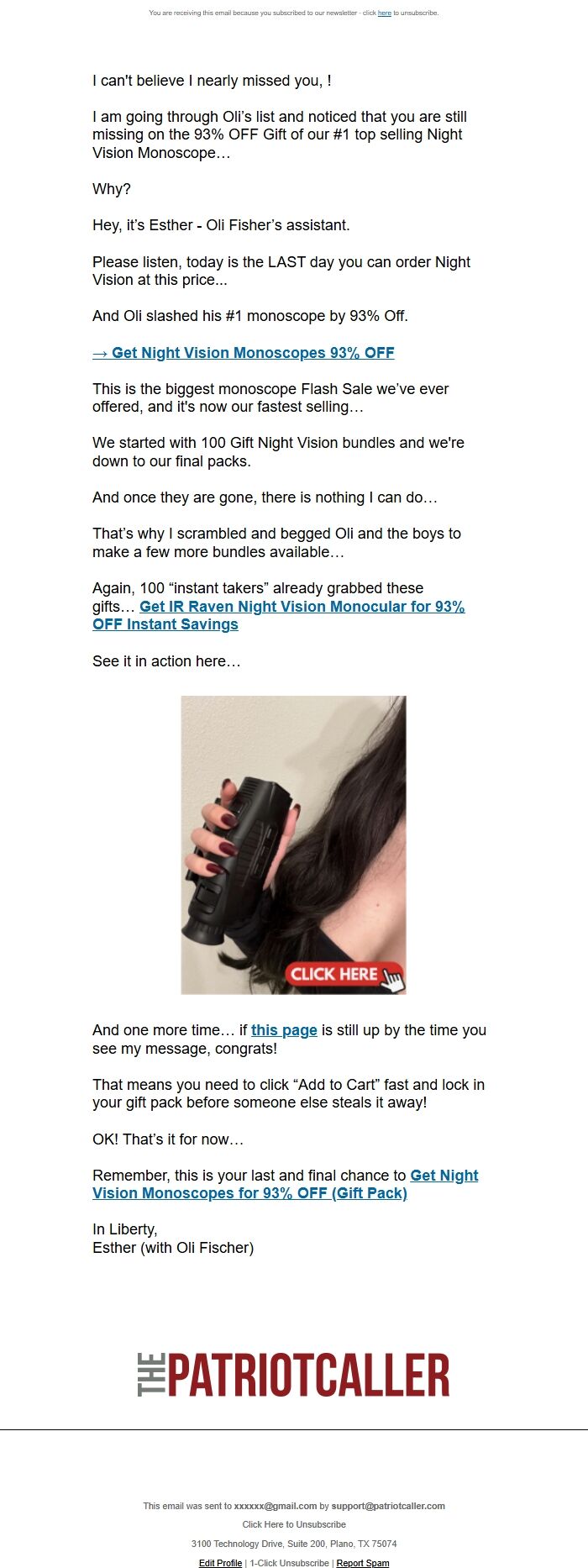 Screenshot of the email generated on import