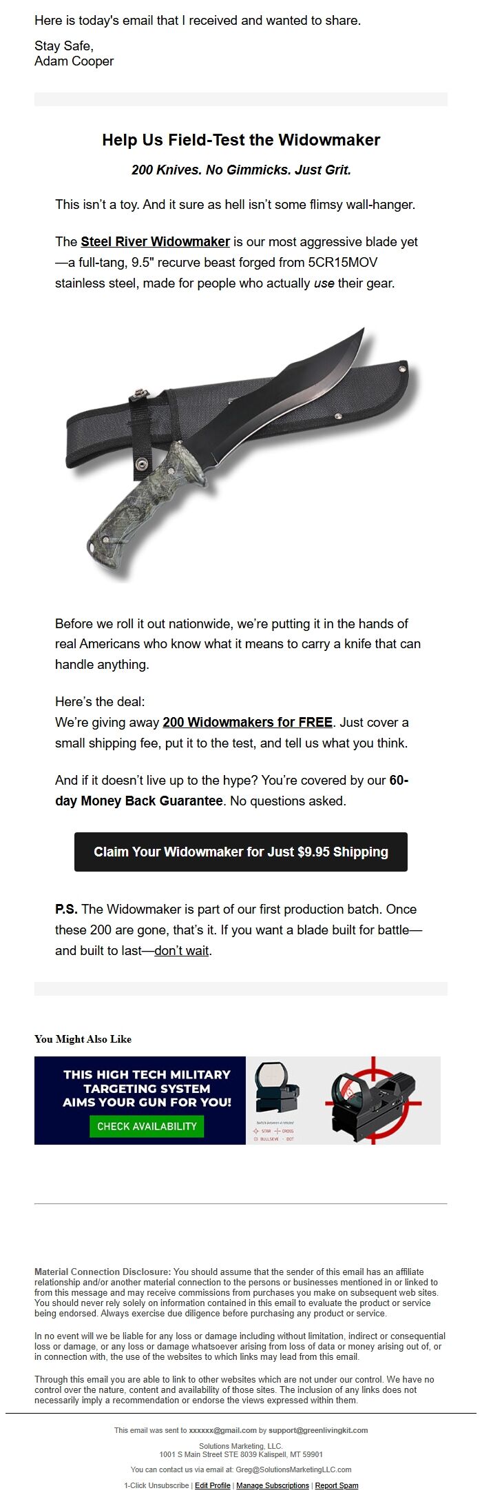 Screenshot of the email generated on import
