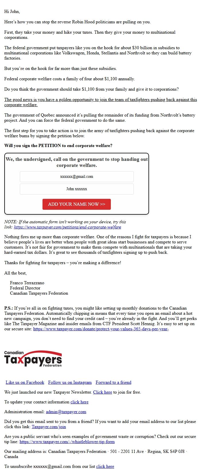 Screenshot of the email generated on import
