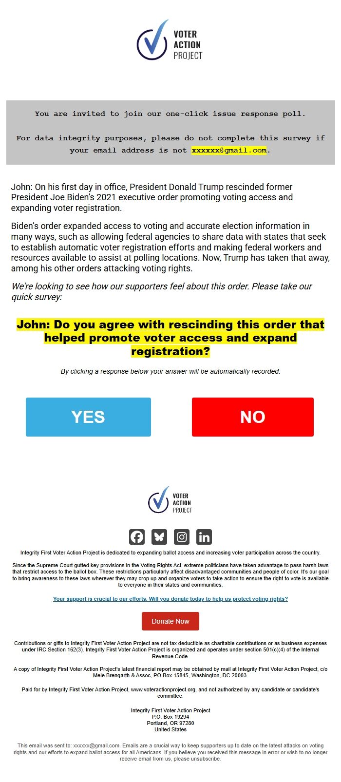 Screenshot of the email generated on import