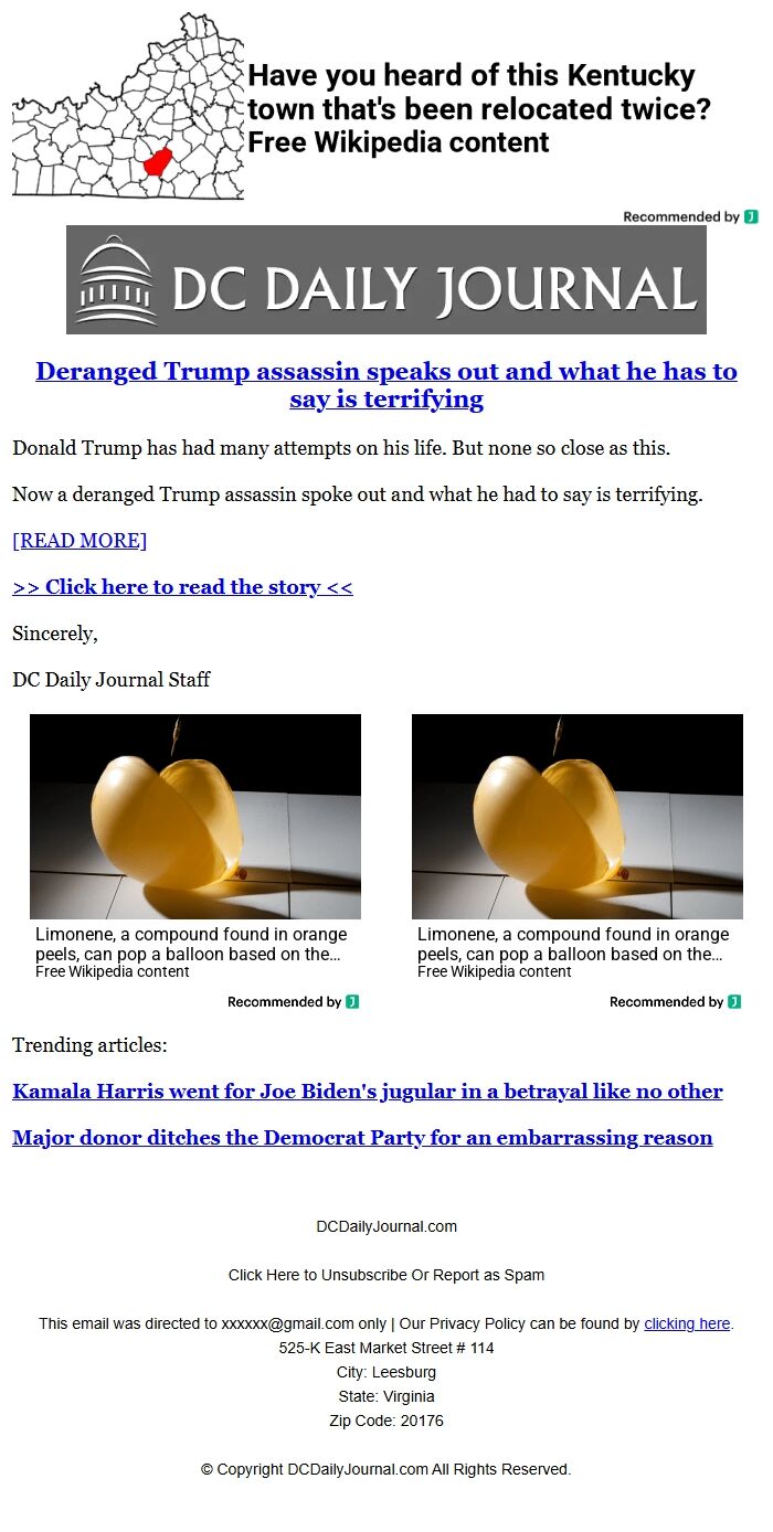 Screenshot of the email generated on import