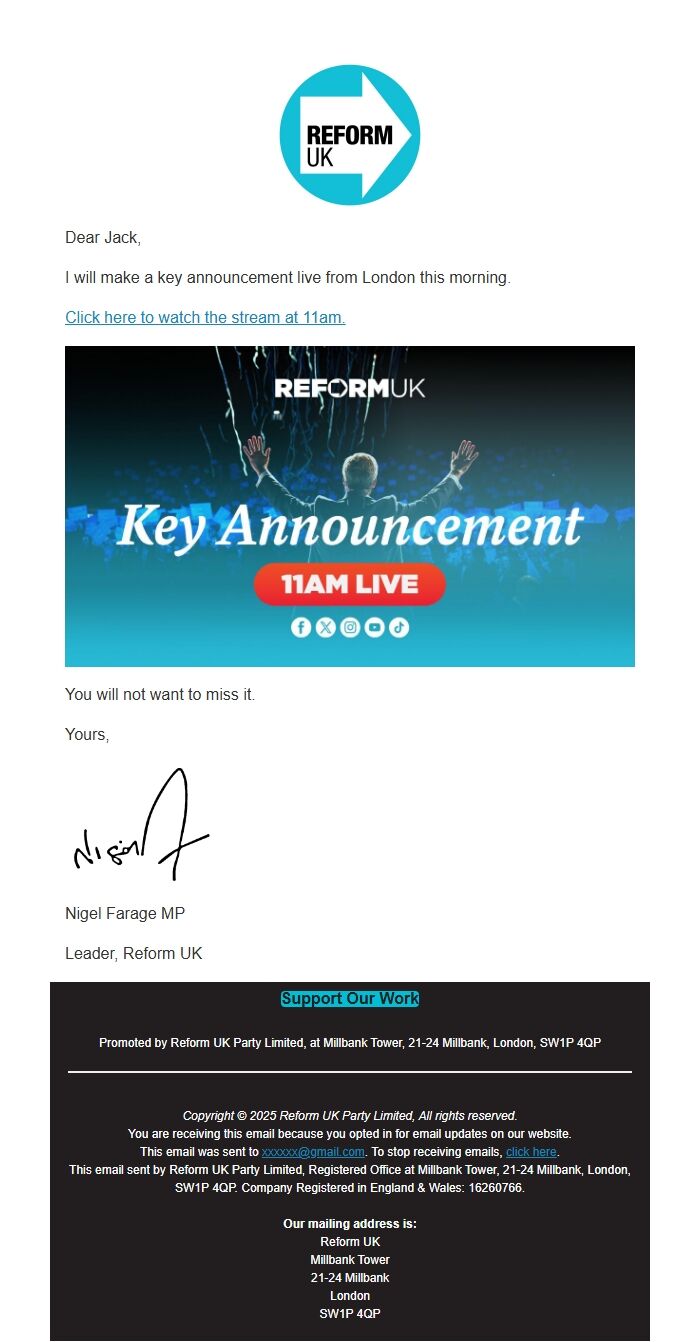 Screenshot of the email generated on import