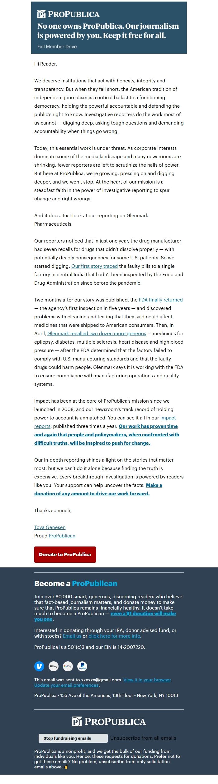 Screenshot of the email generated on import