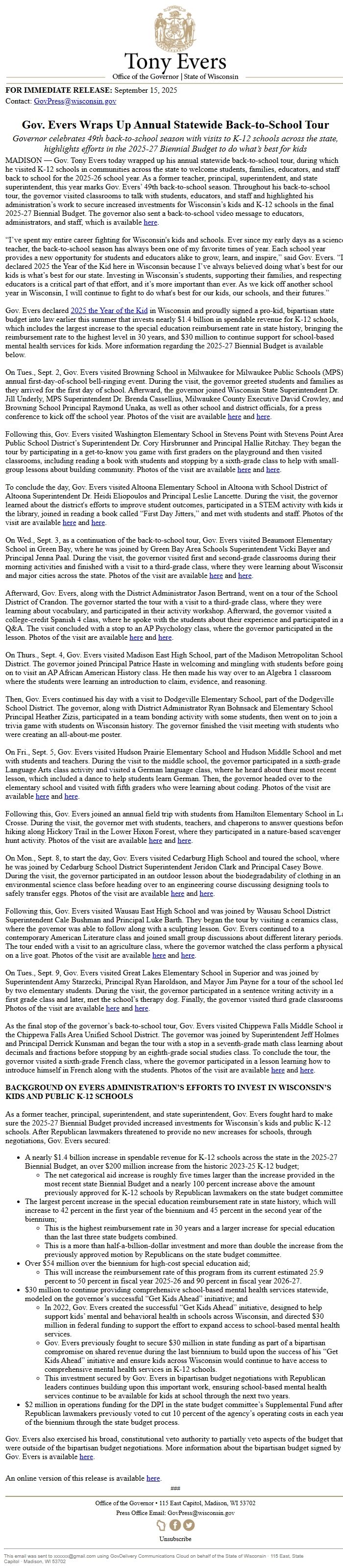 Screenshot of the email generated on import