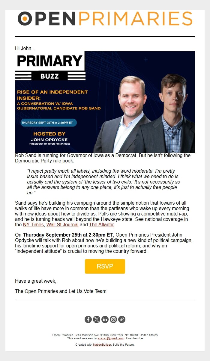 Screenshot of the email generated on import