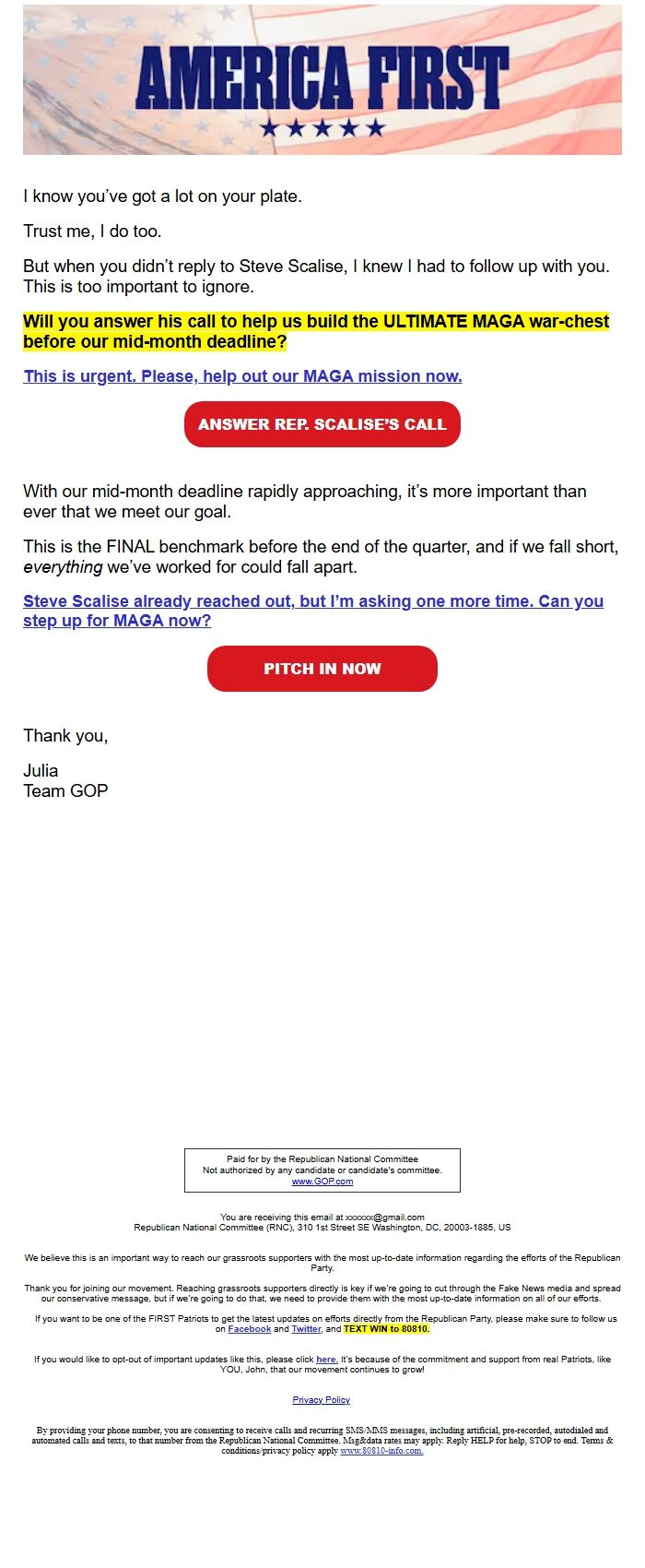 Screenshot of the email generated on import