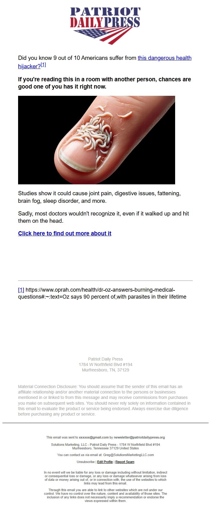 Screenshot of the email generated on import
