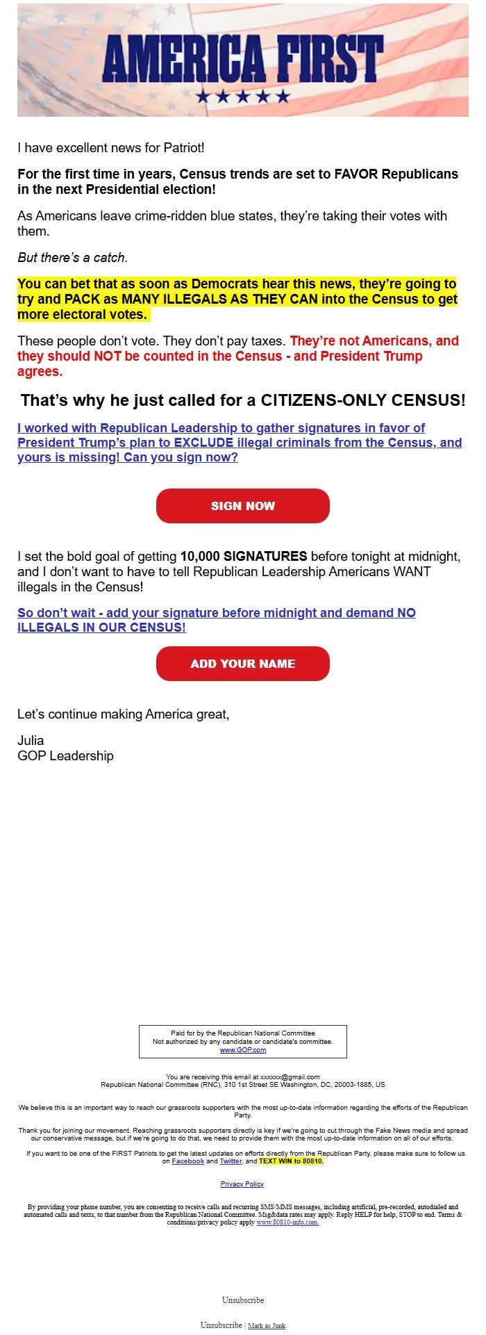 Screenshot of the email generated on import