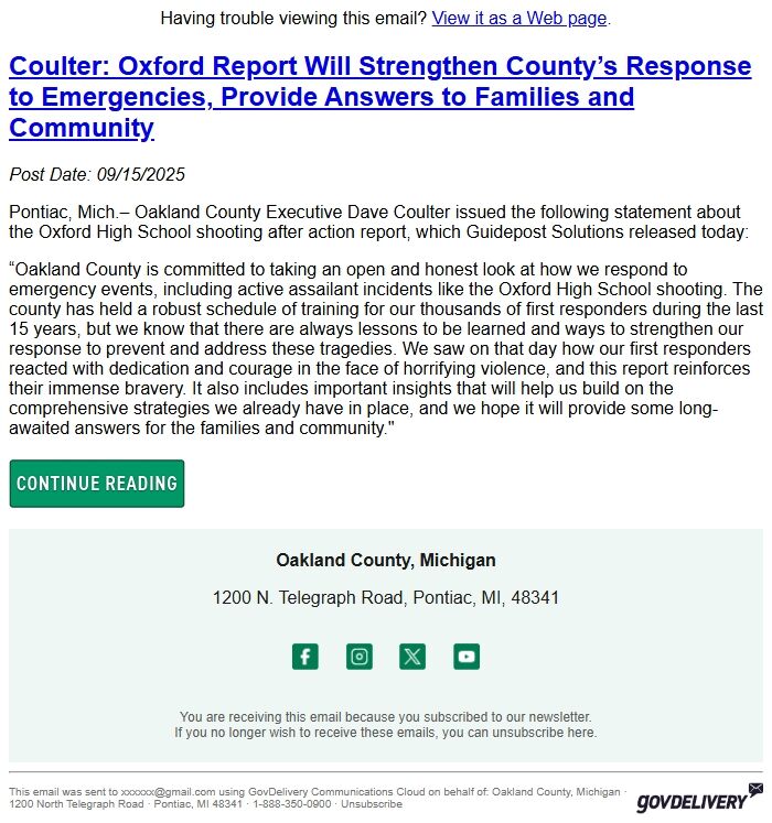 Screenshot of the email generated on import