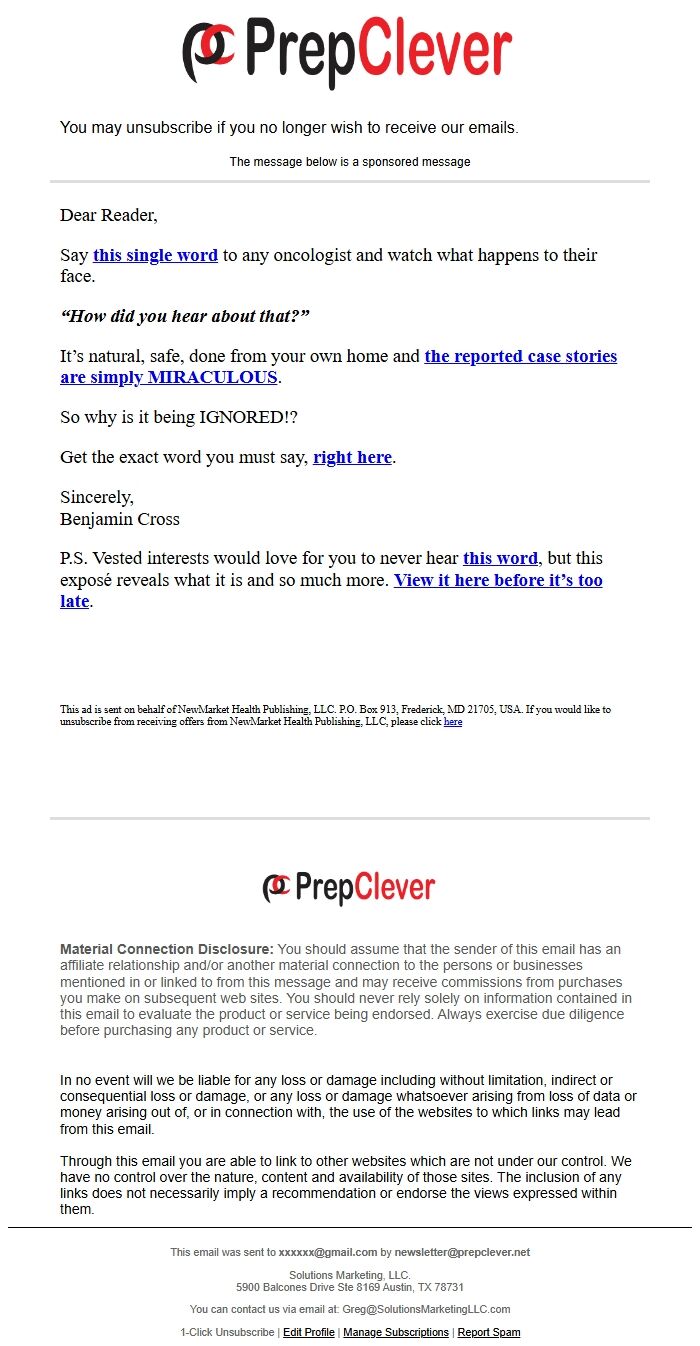 Screenshot of the email generated on import