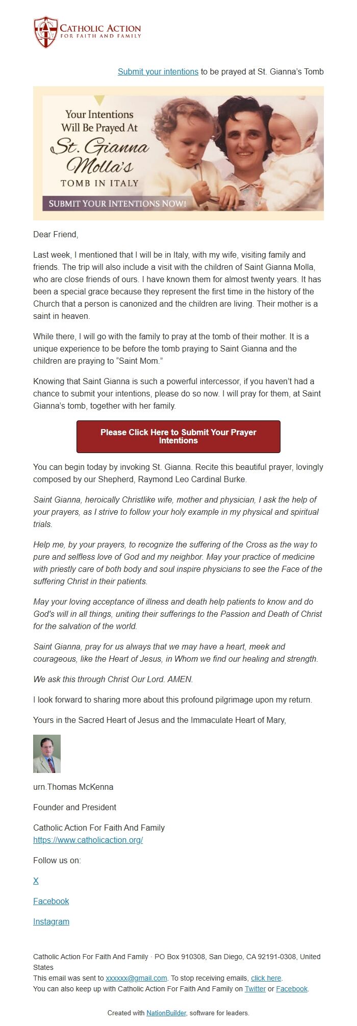 Screenshot of the email generated on import