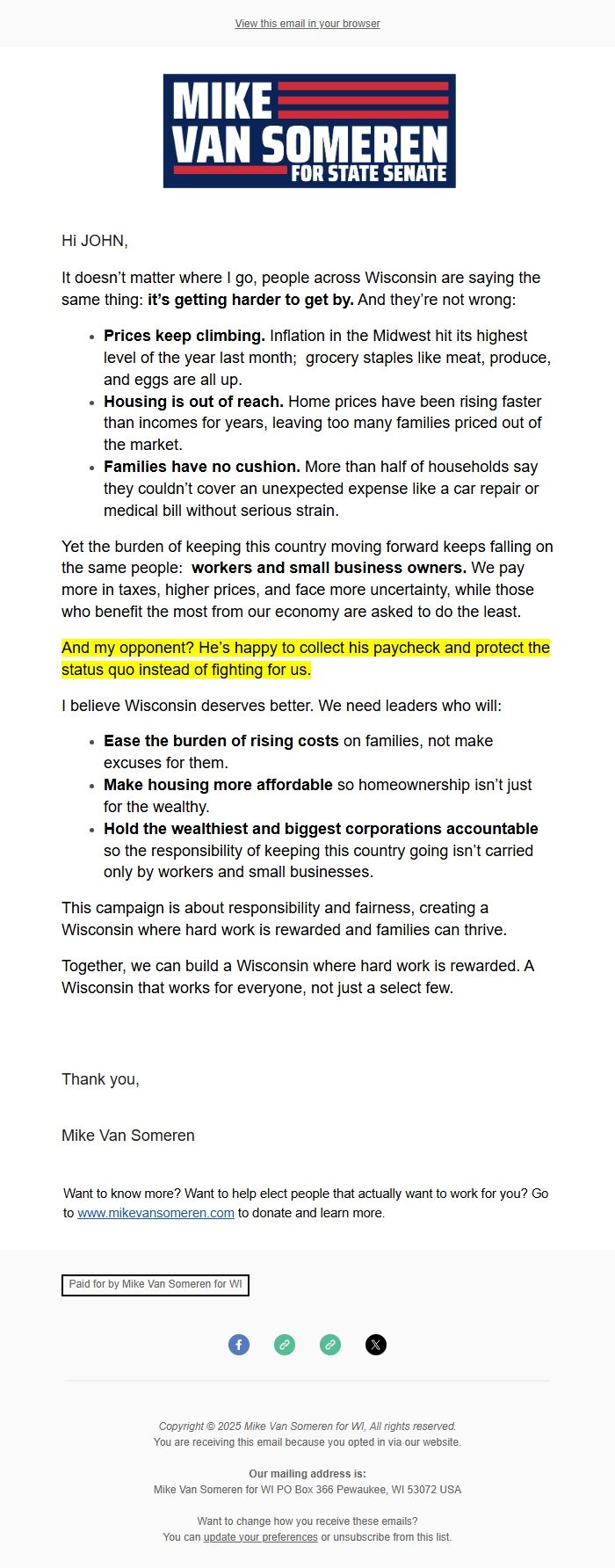 Screenshot of the email generated on import