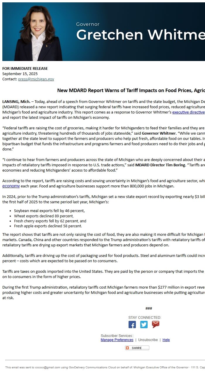 Screenshot of the email generated on import