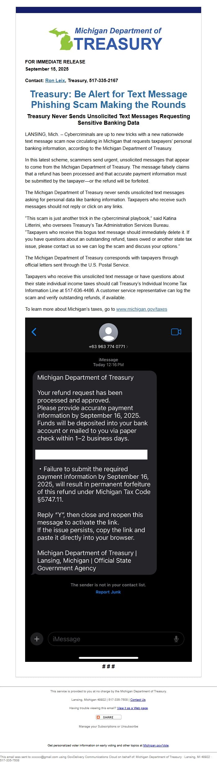 Screenshot of the email generated on import