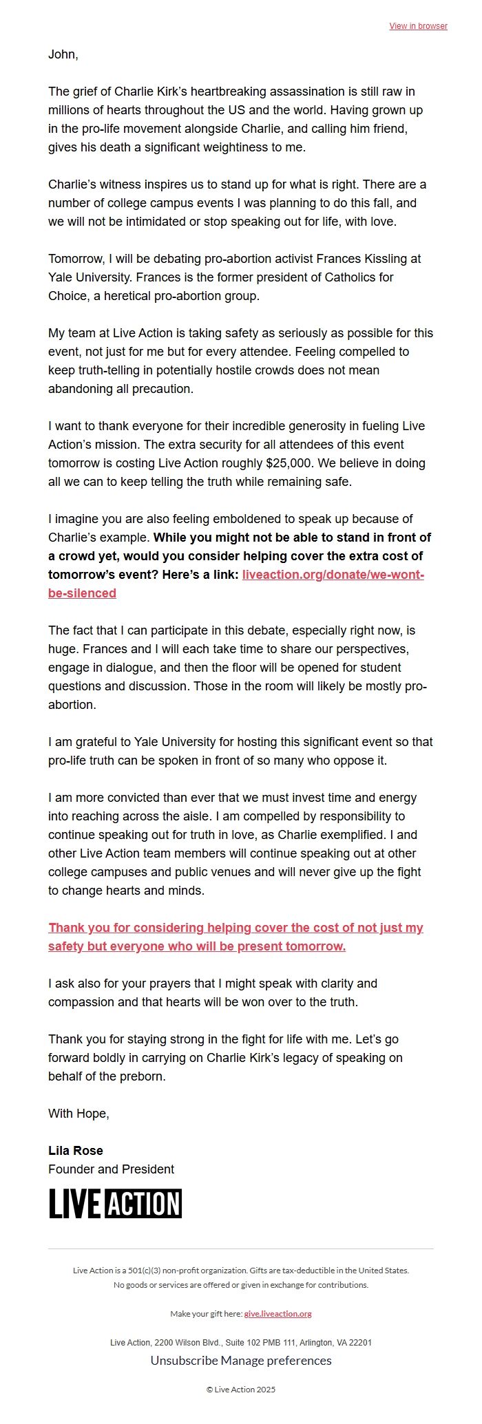 Screenshot of the email generated on import