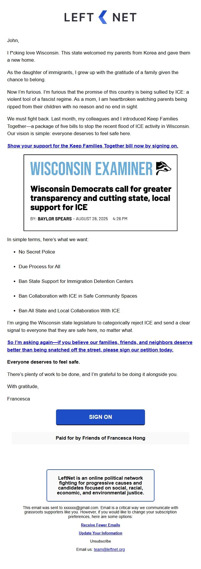 Screenshot of the email generated on import