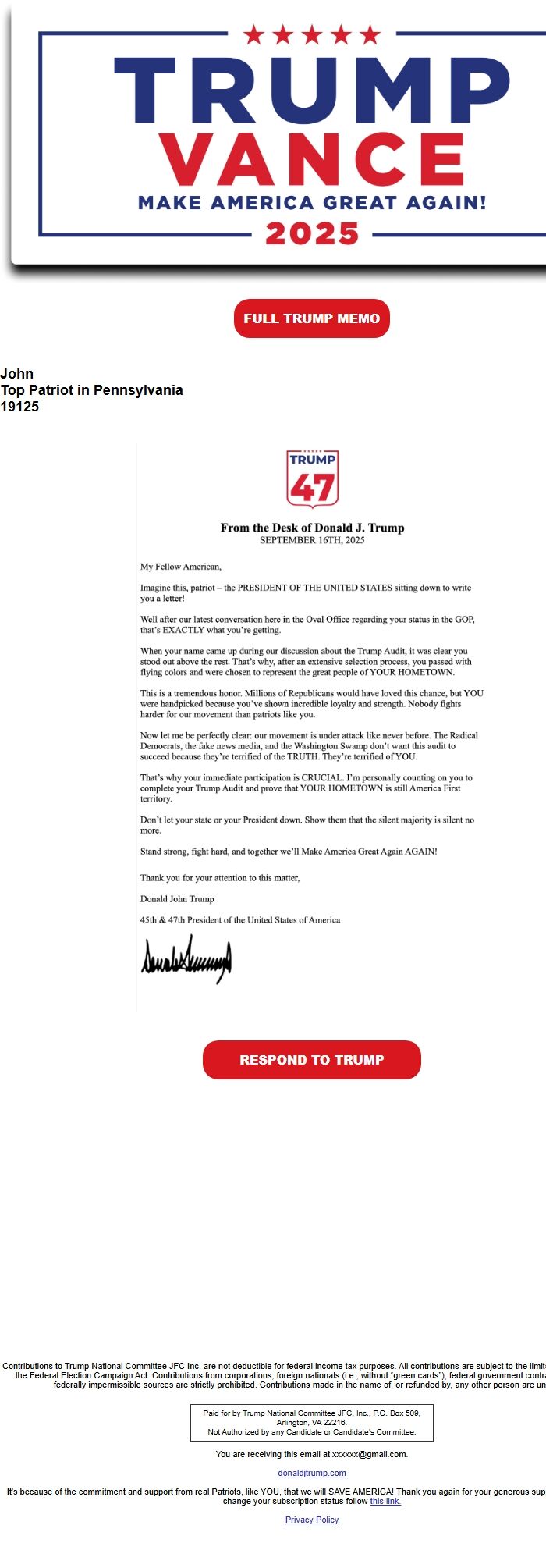 Screenshot of the email generated on import