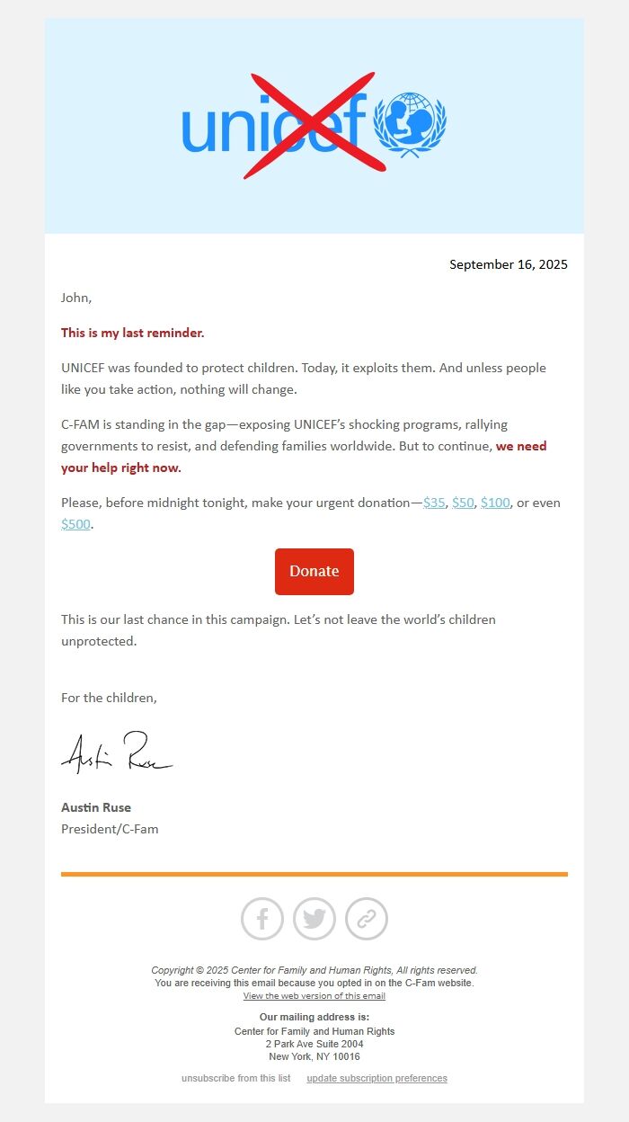 Screenshot of the email generated on import