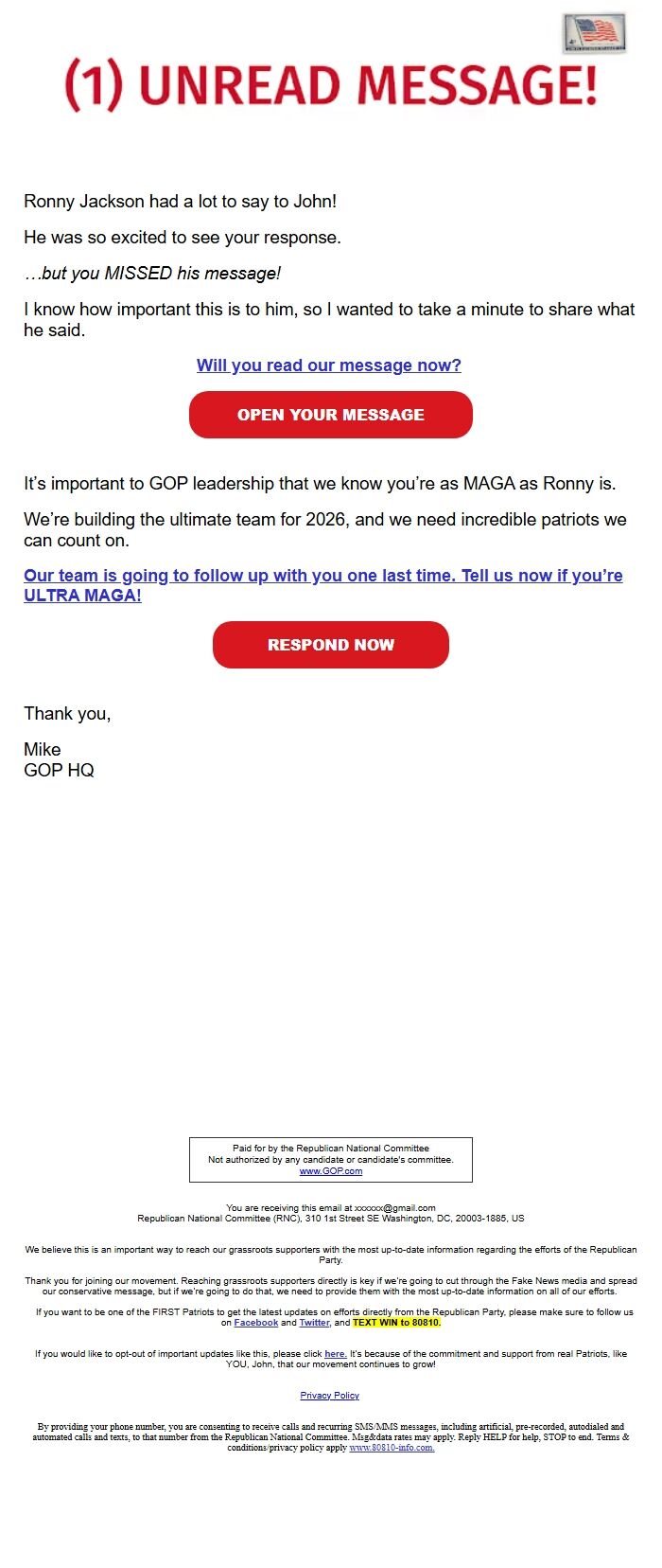 Screenshot of the email generated on import