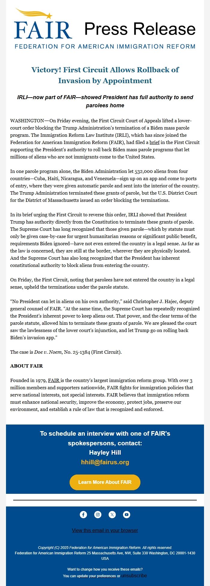 Screenshot of the email generated on import