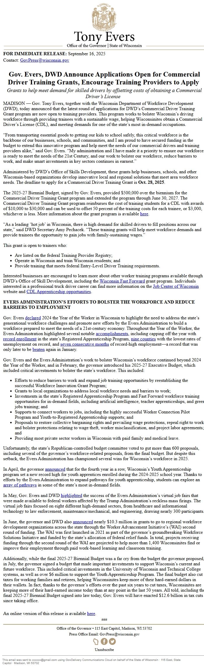 Screenshot of the email generated on import