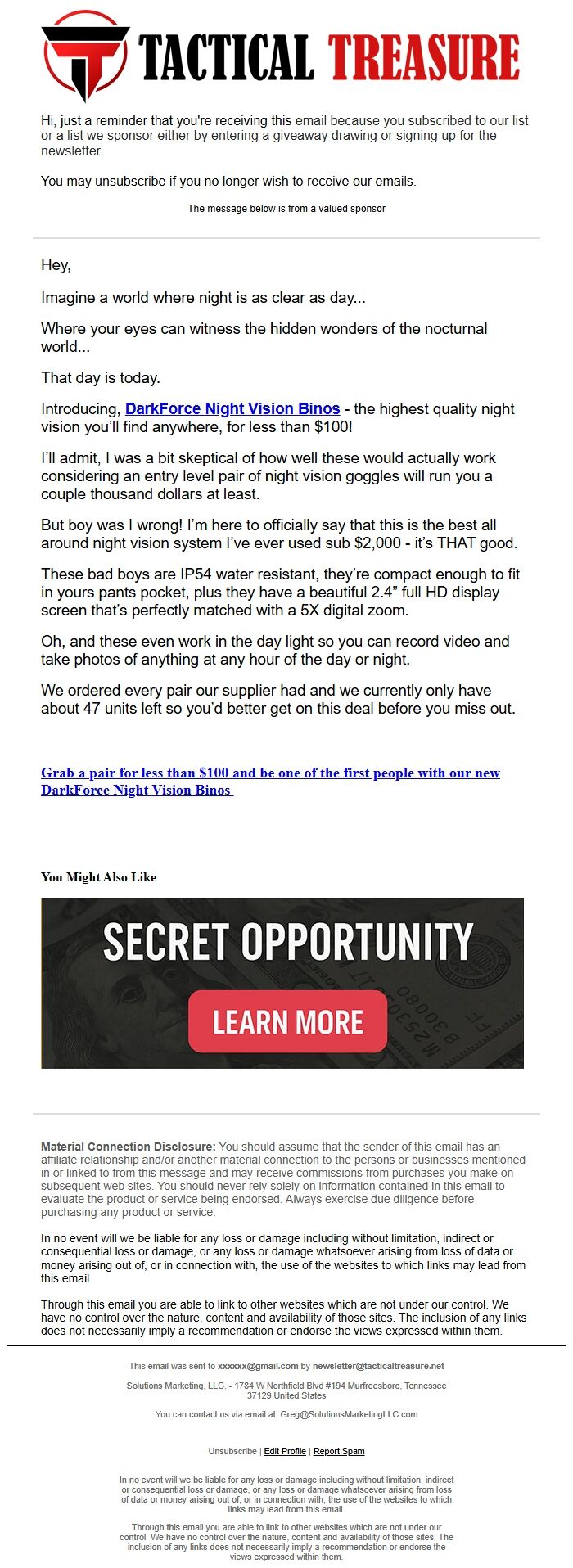 Screenshot of the email generated on import