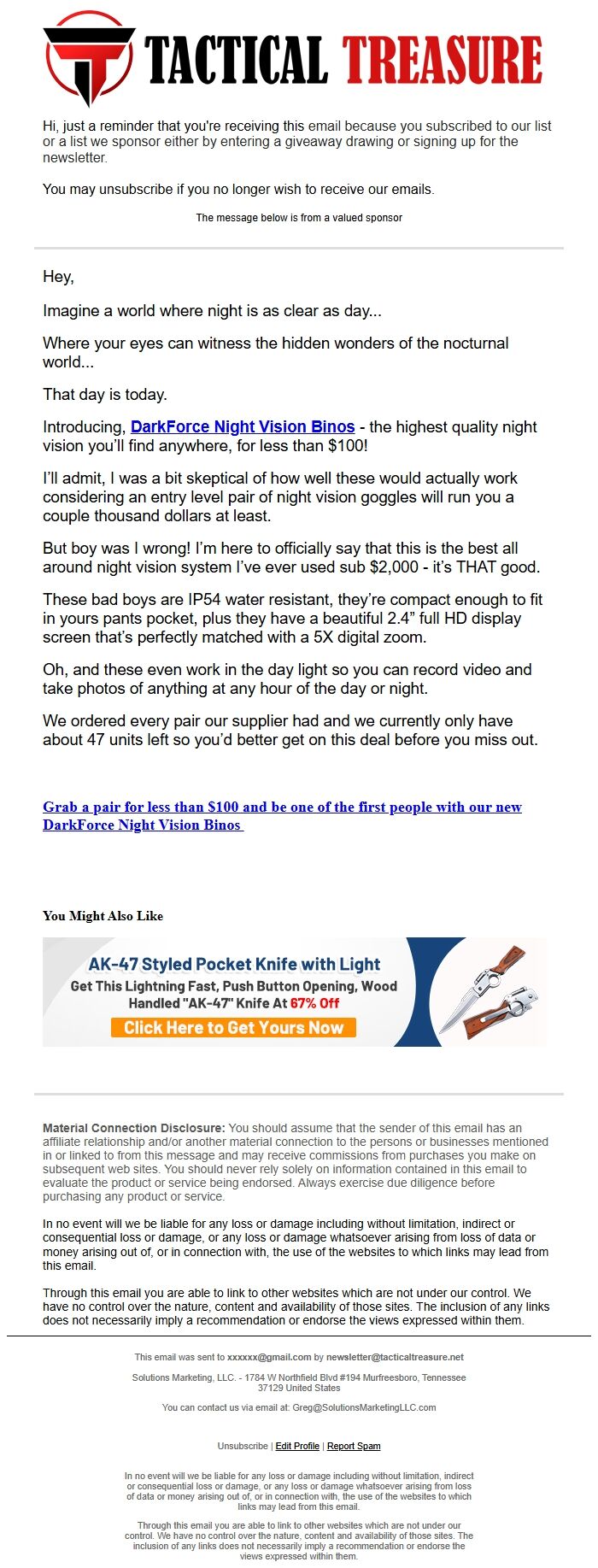Screenshot of the email generated on import