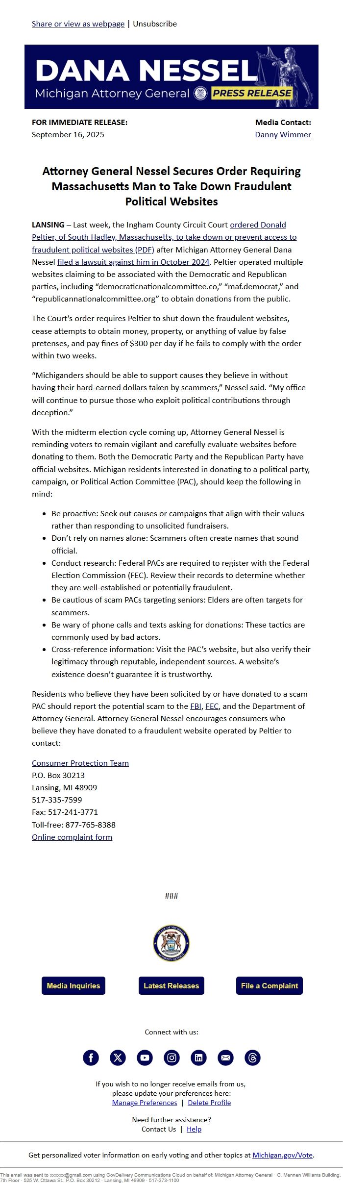 Screenshot of the email generated on import