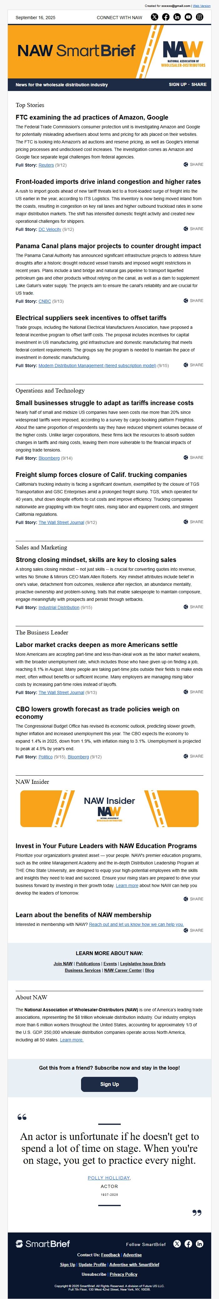 Screenshot of the email generated on import