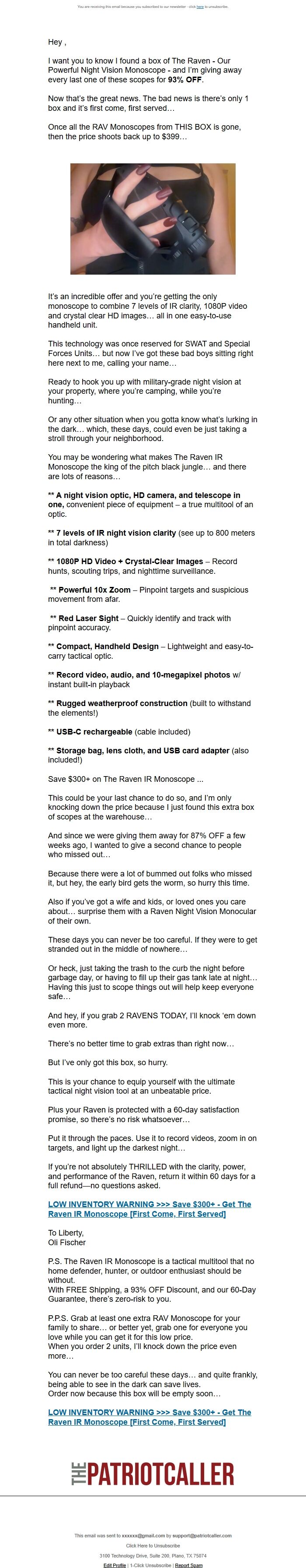 Screenshot of the email generated on import